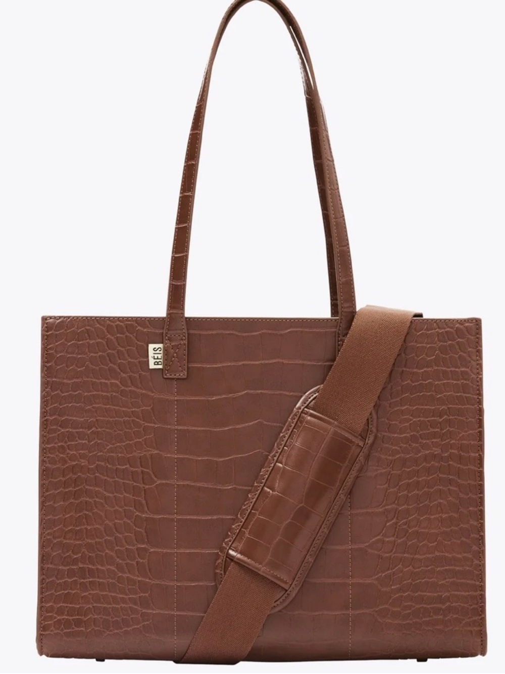 BEIS Chocolate Croc-Embossed Tote with Detachable Strap